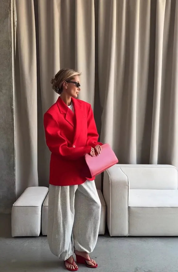 Women Red Fashion Blazer Jacket Lapel Collar Single Button Long Sleeve Loose Casual Coats Oversized Winter Autumn Streetwears