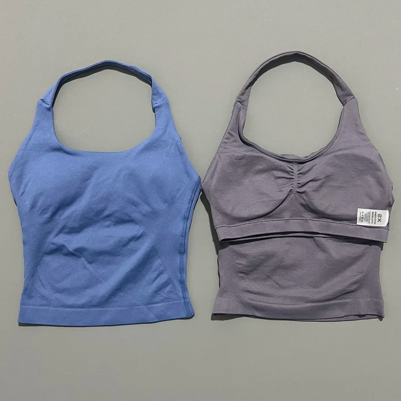 HISTELLO Sports Halter Top Seamless Longline Strappy Gym Tank Top Women Yoga Clothing Workout Fitness Sportswear Pilates Vest
