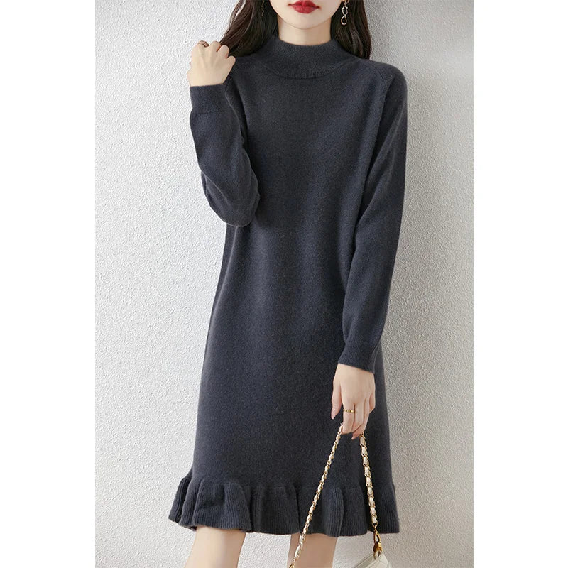 Women's Pure Wool Knitted Dress, High Collar, Pleated, Casual, Fashionable, Warm, 2024 Autumn And Winter