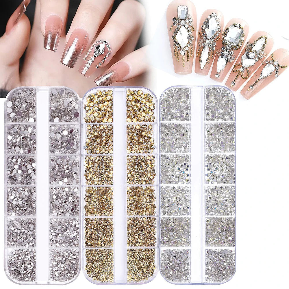 12Grid/1500PCS Shiny Crystal Nail Art Rhinestones SS4-16 Silver 3D Flatback Semicircler Nail Charms Gemstones for DIY Decoration