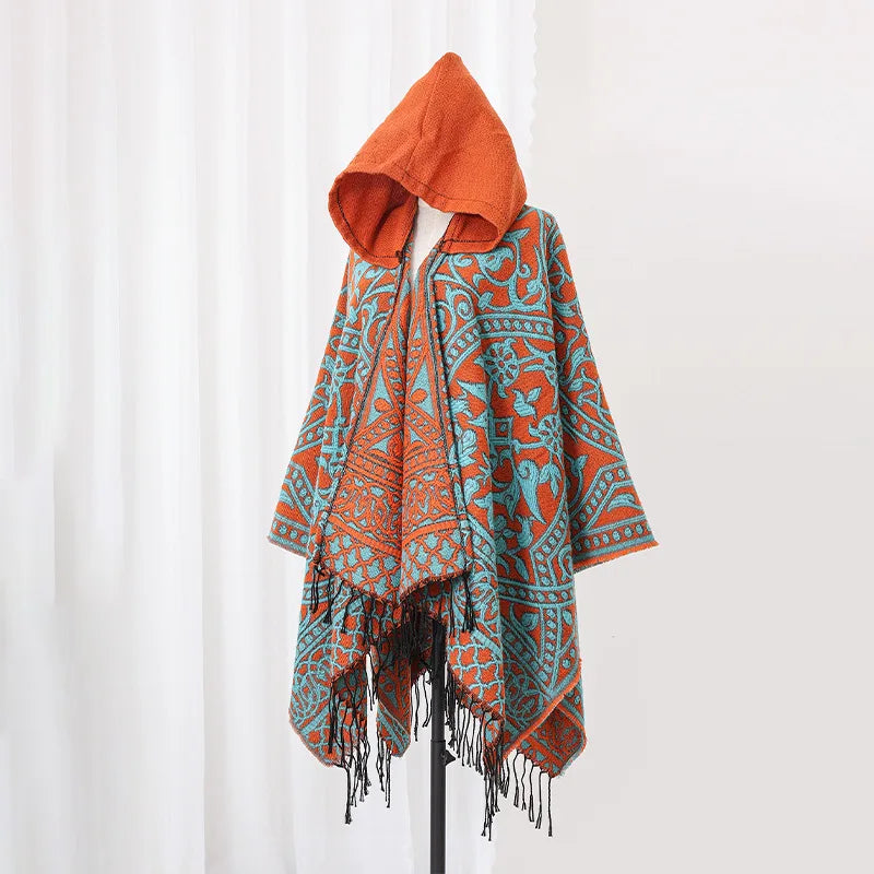 2025 New Men's Imitation Wool Cape Shawl Cross-border Hot Selling Hooded Woven Slit Cape Autumn and Winter Poncho Cloak P8