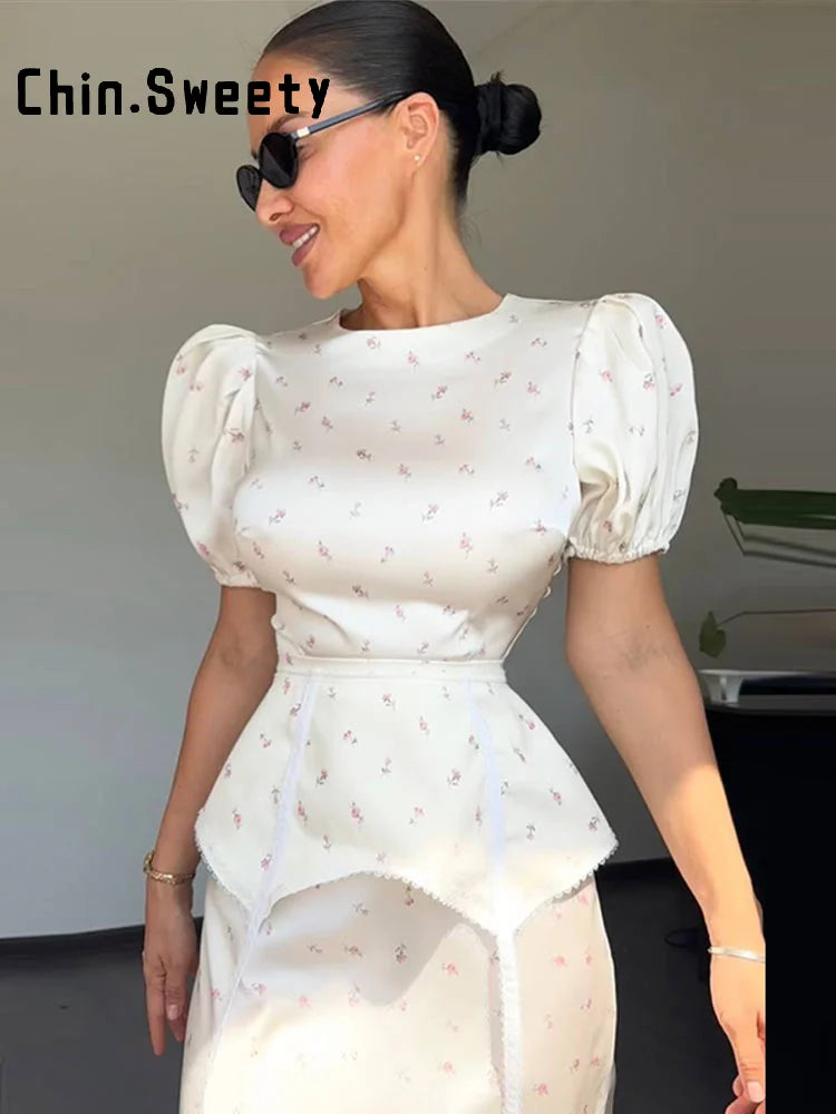 Elegant Women's Printed Waistband Stain Long Dress Slim Waist Cinched Bubble Sleeve Dresses 2026 Spring Summer Party Robes