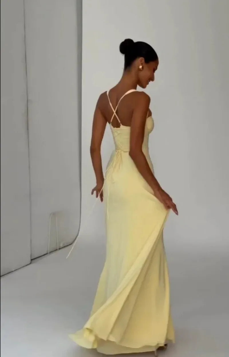 Women Yellow Low Cut Backless High Waisted Dress Lace Up Sleeveless Waist Cincher Spaghetti Strap Vestidos Party Club Women Robe