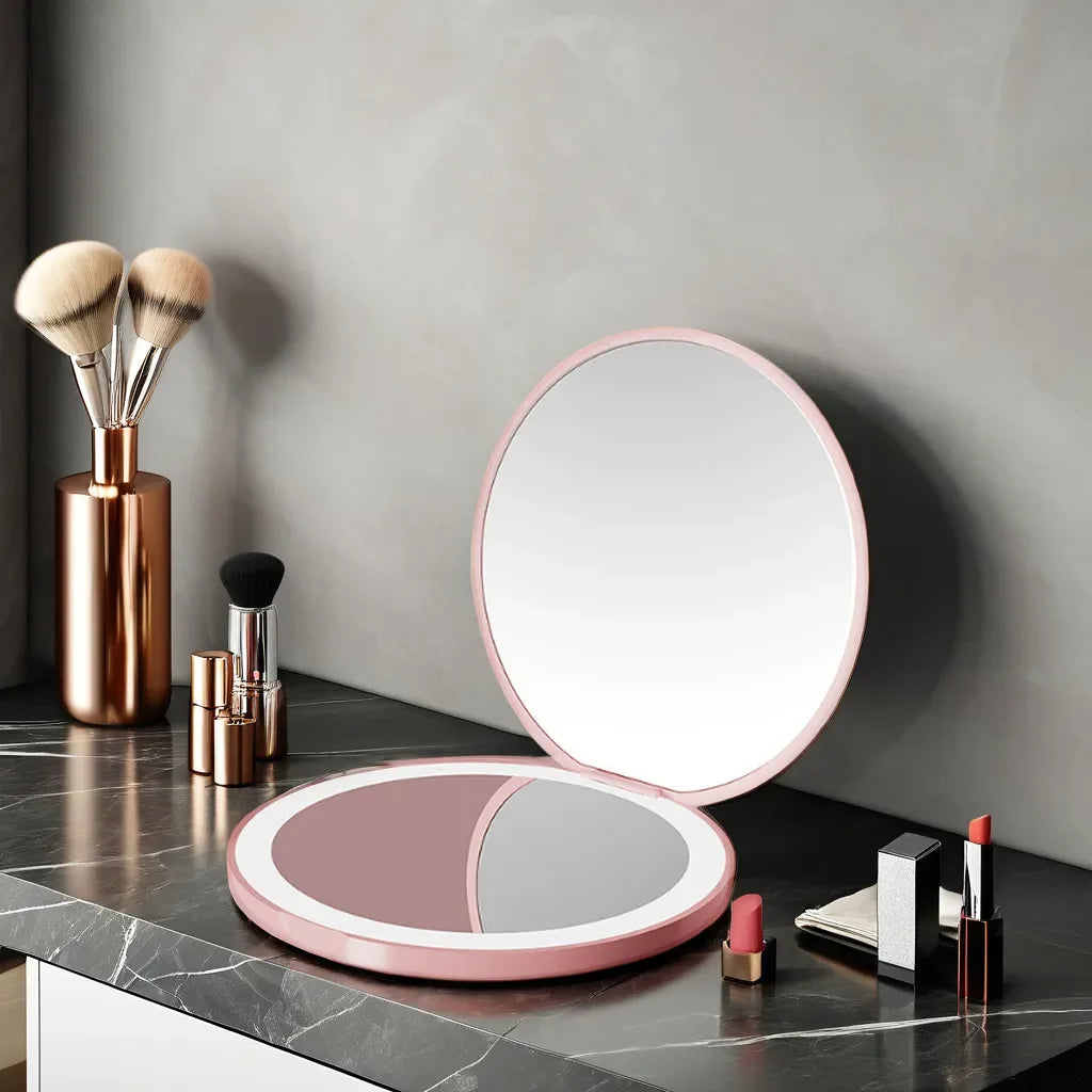 Pocket LED Makeup Mirror Round Portable Folding Small with Light Travel Handheld Cosmetic Compact 2X Magnifying Lighted Mirror