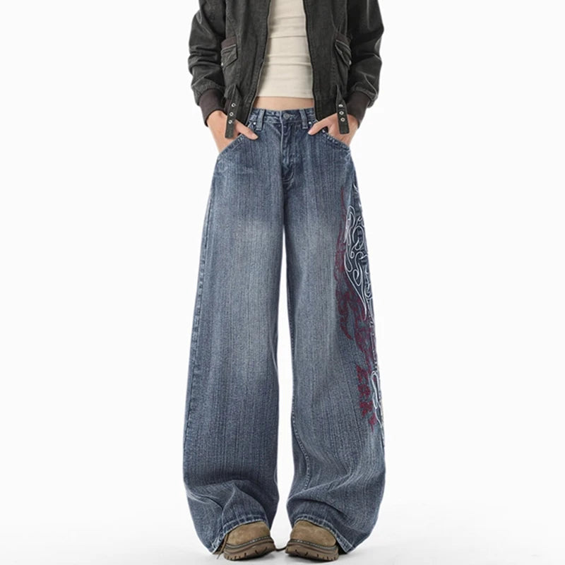 New Y2K Flame Embroidered Streetwear Flared Jeans For Man Hip Hop Fashion Straight Baggy Denim Pants Harajuku Streetwear Jean