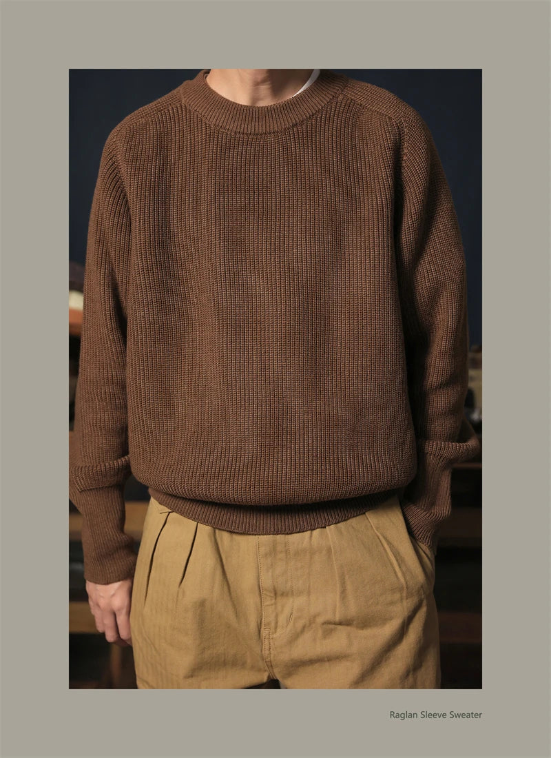 Classic Raglan Sleeve Crewneck Sweater Vintage Style Men's Wool Blend Knitted Pullover Jumper Thick
