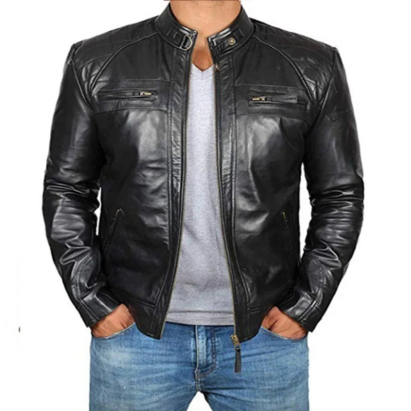 2024 New Spring and Autumn Men's Fashion Handsome Leather Coat Stand Collar Punk Motorcycle Leather Jacket  Faux Leather