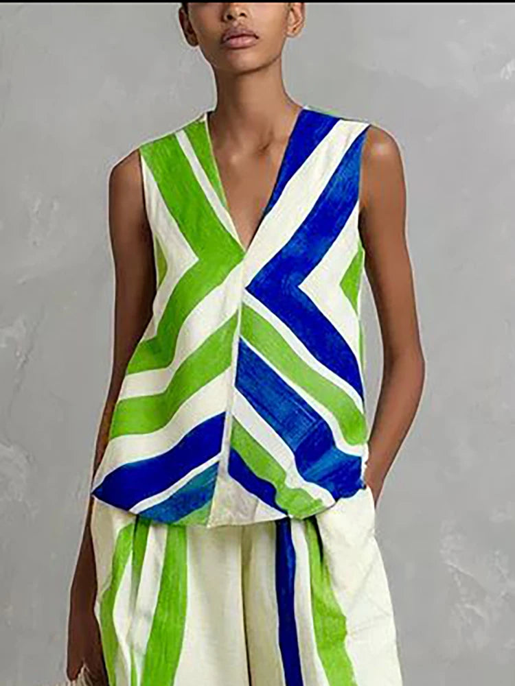 UOOZEE 2026 New Boho Vacation 2 Piece Set Women Fashion Contrast Color Striped V-Neck Tank & Elastic High Waist Wide Leg Pants