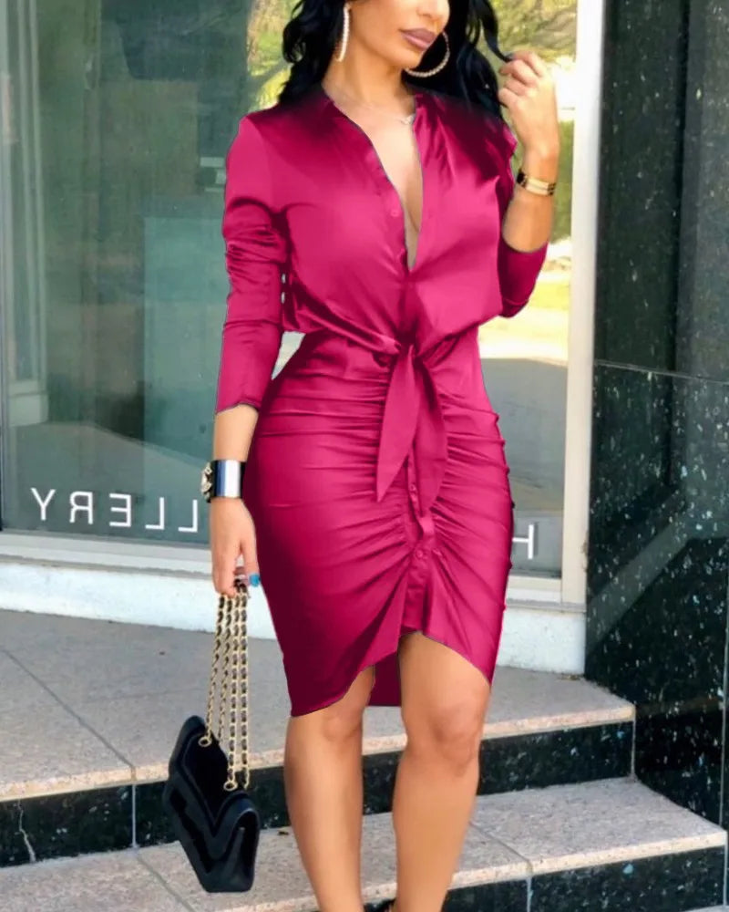 Summer Autumn New Elegant Ladies's Dress 2024 V-neck Strap Solid Color Elastic Waist Bag Hip Printed Long Sleeve Shirt Dress