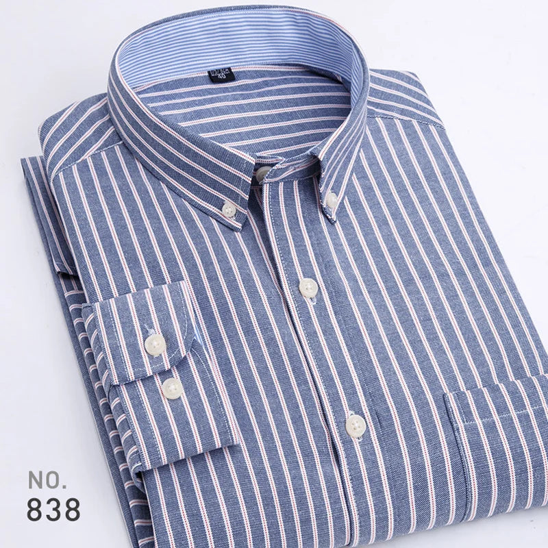 New Cotton Mens Striped Plaid Print Oxford Spinning Casual Long Sleeve Shirt Comfortable Collar Button Slim Male Business Shirts