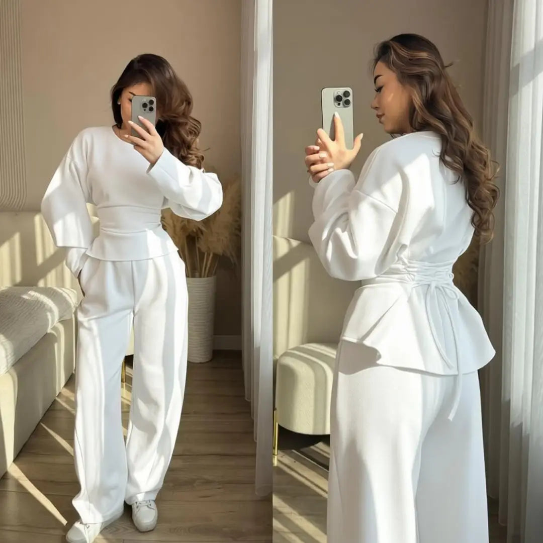 Women's 2 Piece Long Sleeve Top and Wide Leg Pants Set Casual Solid Color Pullover Sweatshirt and Trousers Lounge Wear Outfit