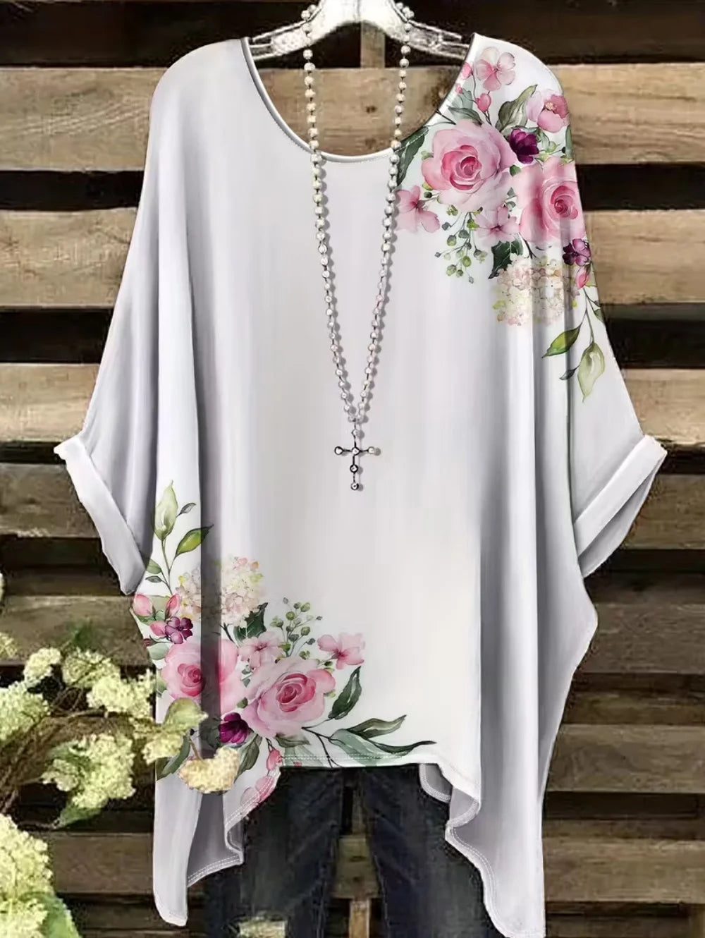 Bohemian Chic Women's T-Shirt Vintage Floral Graphic O-Neck Pullover Short Sleeve Tees Oversized Irregular Hemline Y2k Clothes
