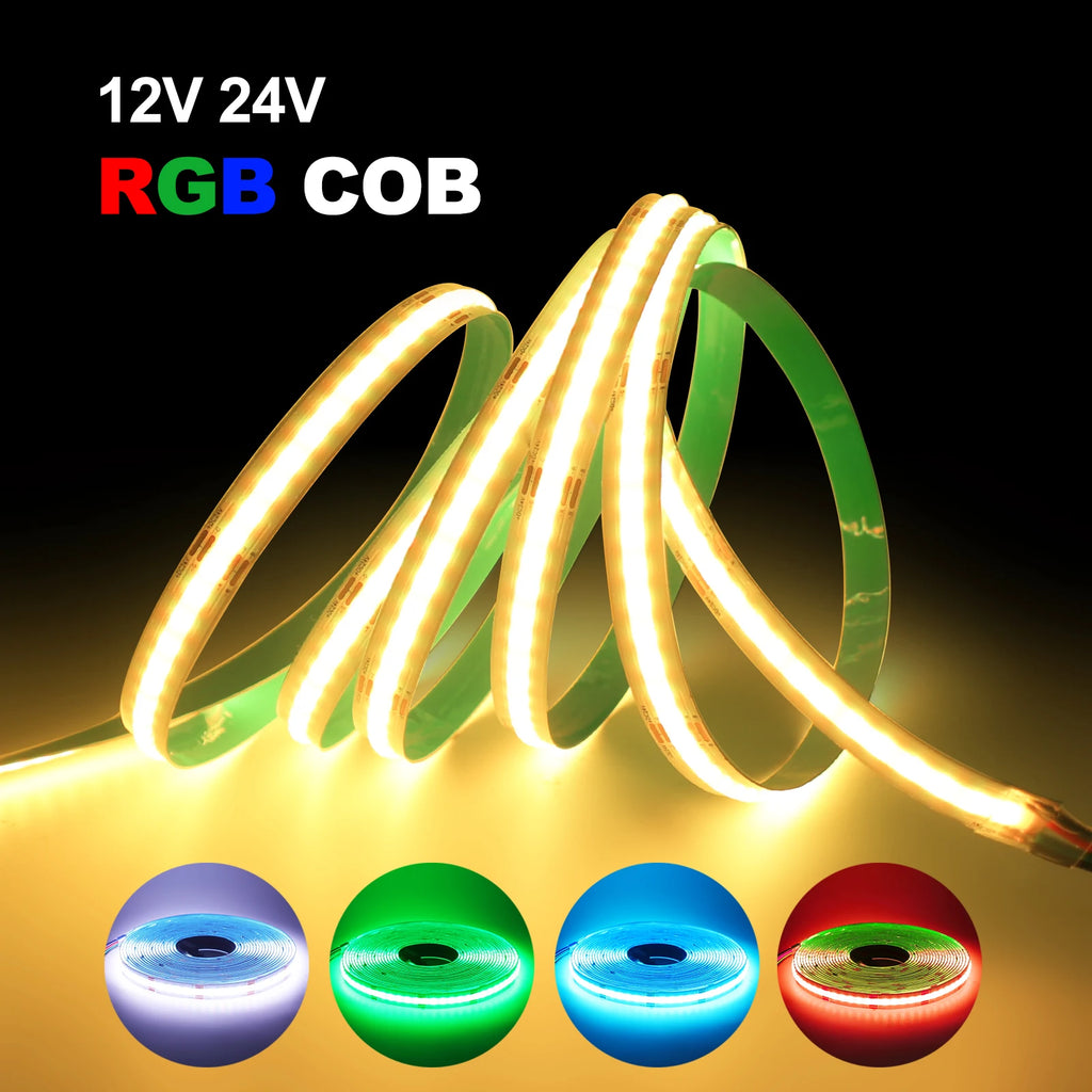 DC 12V 24V RGB COB LED Strip 10mm PCB 576LEDs/m High Density Flexible LED Tape for DIY Living Room Bedroom Decor Lighting