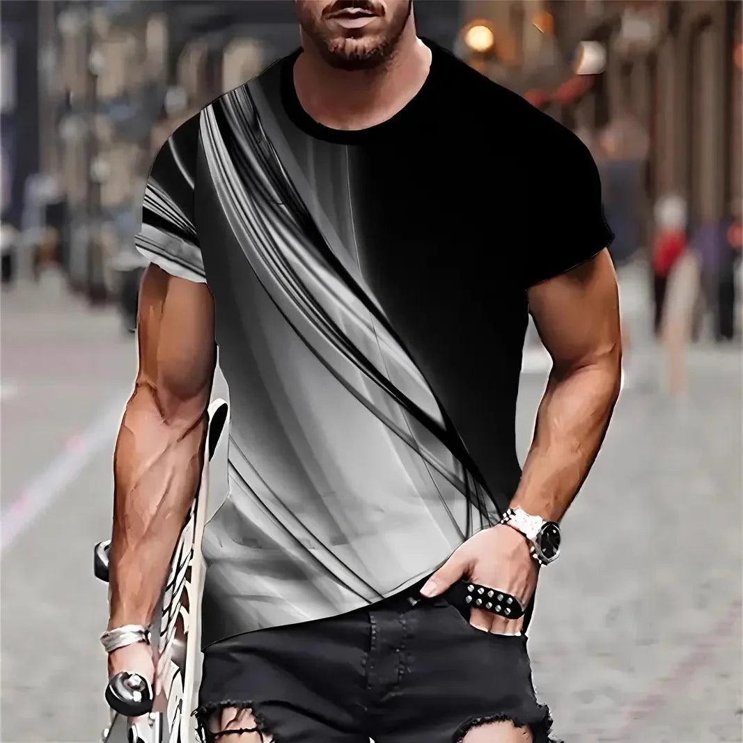 2026 Summer Men's 3D Stripe Print T-shirt Outdoor Breathable Sports Short Sleeve Trend Casual Oversized Streetwear Tops