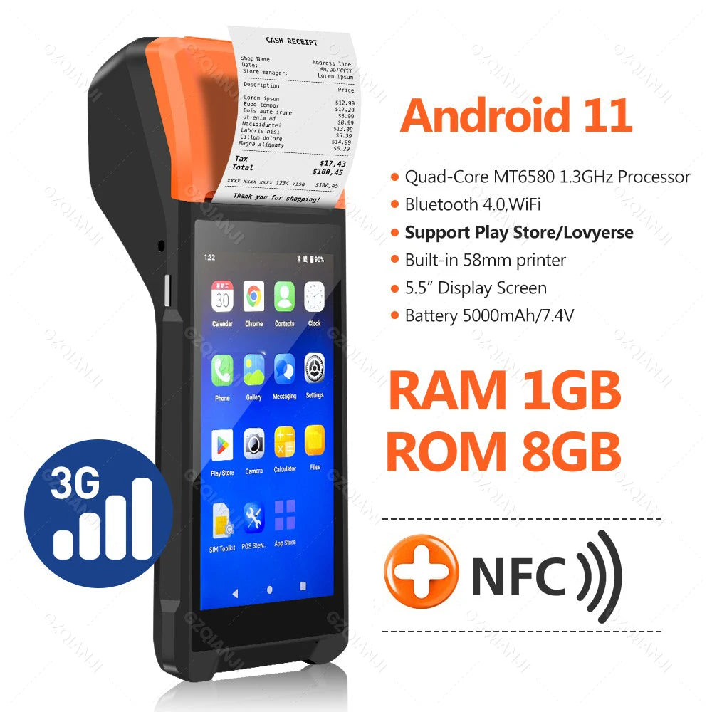 Android 14/13/11 3G 4G Handheld POS Terminal With 58mm Thermal Printer 1D 2D Scanner NFC Reader RAM3GB ROM32GB Mobile Device