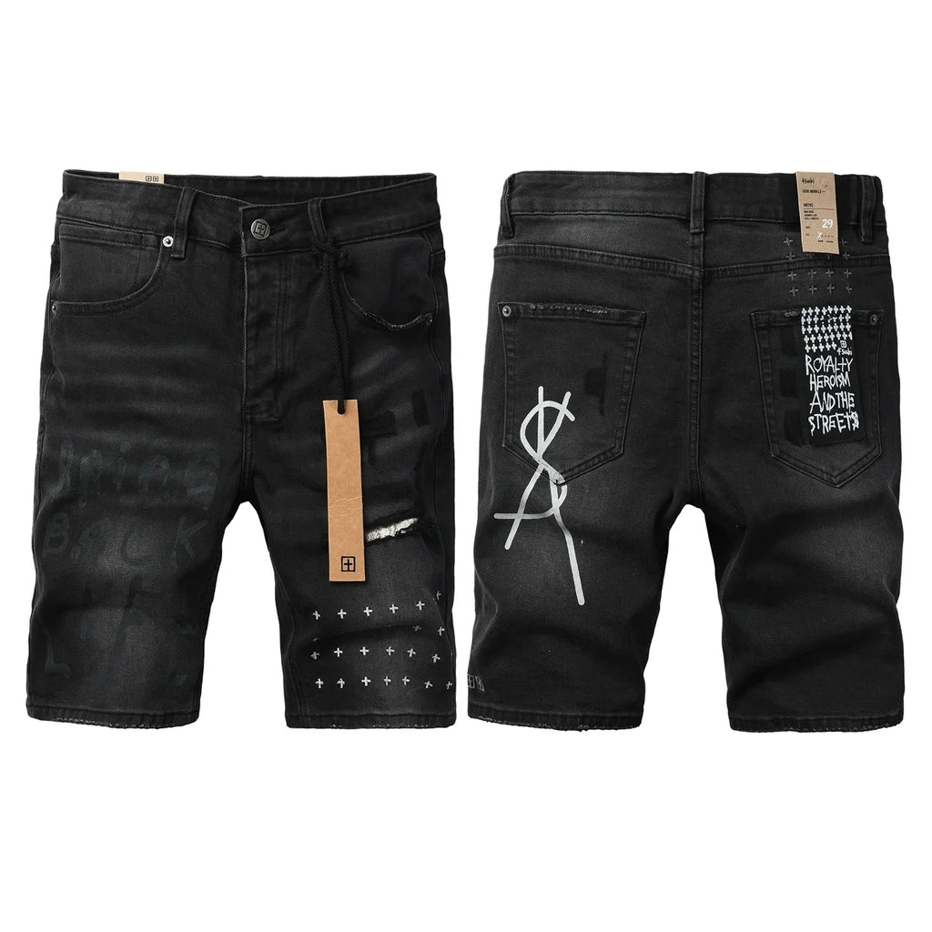 2026 Hot New Men's Blue Acid Washed Denim Shorts Distressed Ripped Embroidered Slim Fit Casual Shorts Streetwear Bottoms