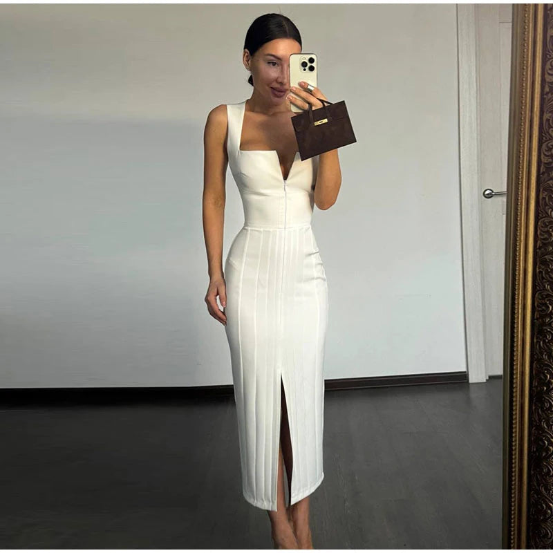 Camisole Women's Dress U Neck Zipper Dress Fitted Waist Split Long Dress Elegant Stylish Wear Date Party Outfit