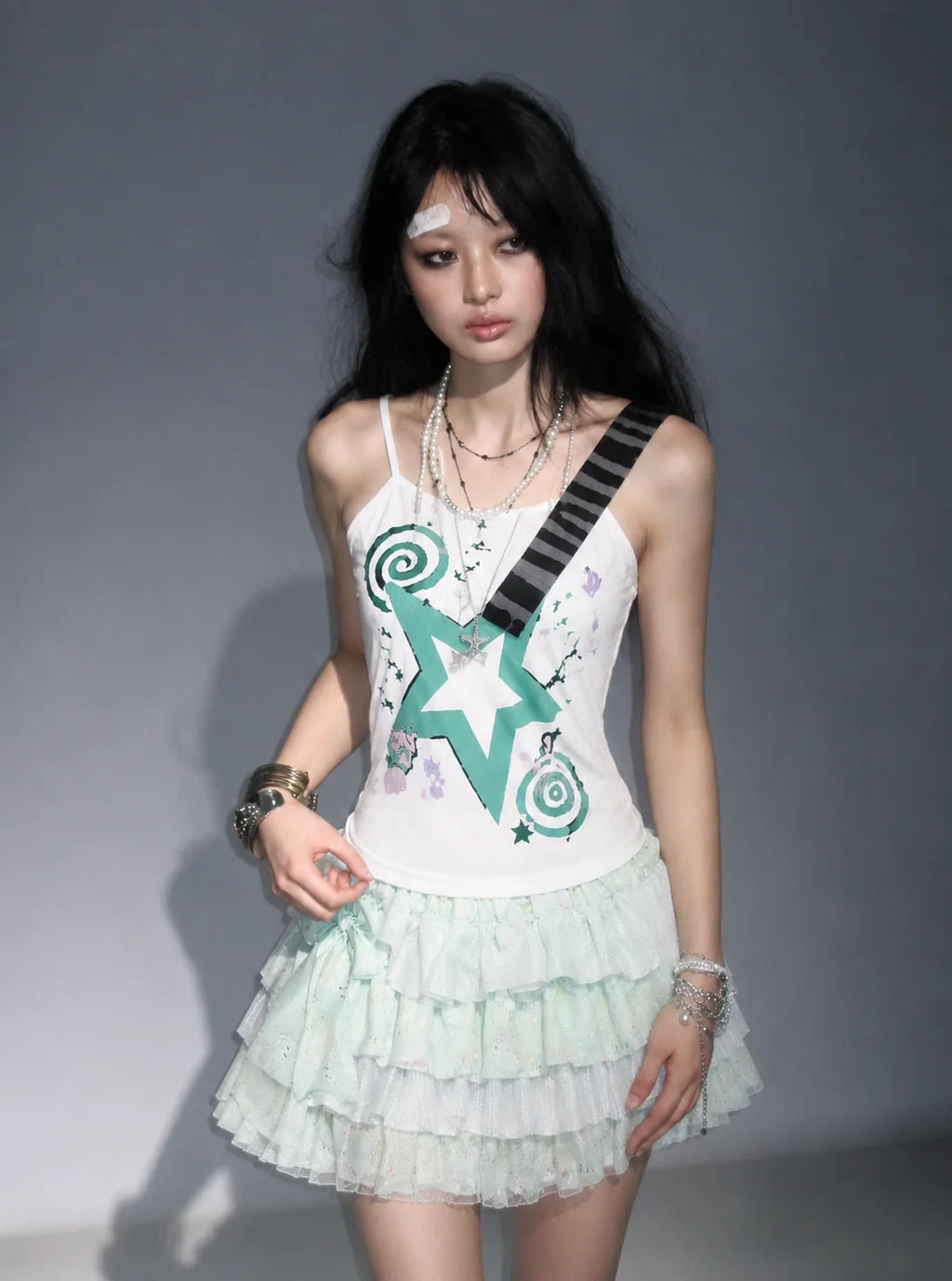 Retro Subculture Two Piece Suit Girls Cute Big Star Swirl Print Cami Top Glitter Tier Mini Skirt Japanese Sweet Summer Outfit
