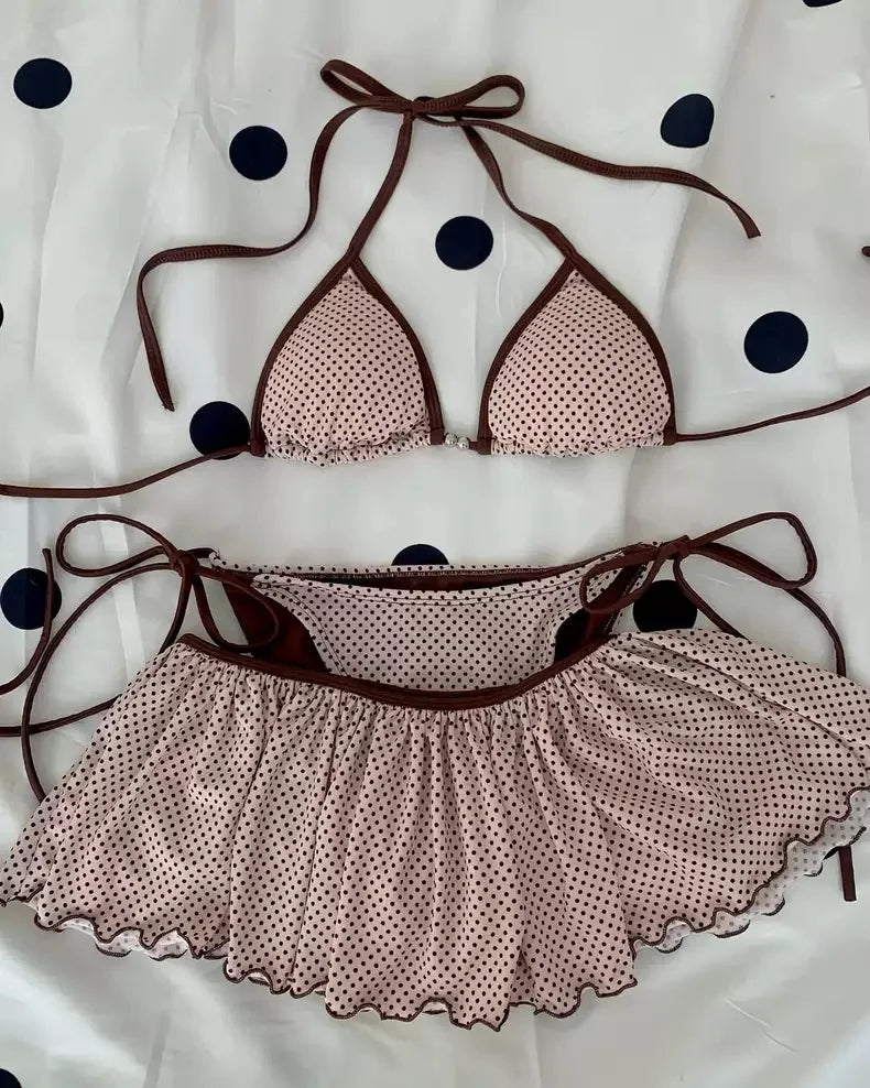 American retro sexy vacation style women's bikini three piece set summer Y2K Harajuku polka dot ruffle strap women's swimsuit