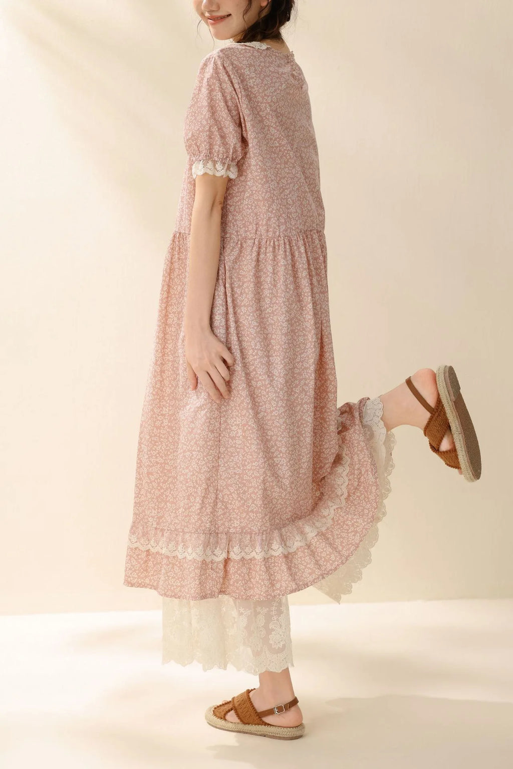 Vintage Ruffled Cotton Linen Flower Dress Women's New Summer Peter Pan Collar Short Sleeve Loose Boho Dress Casual Midi Vestidos