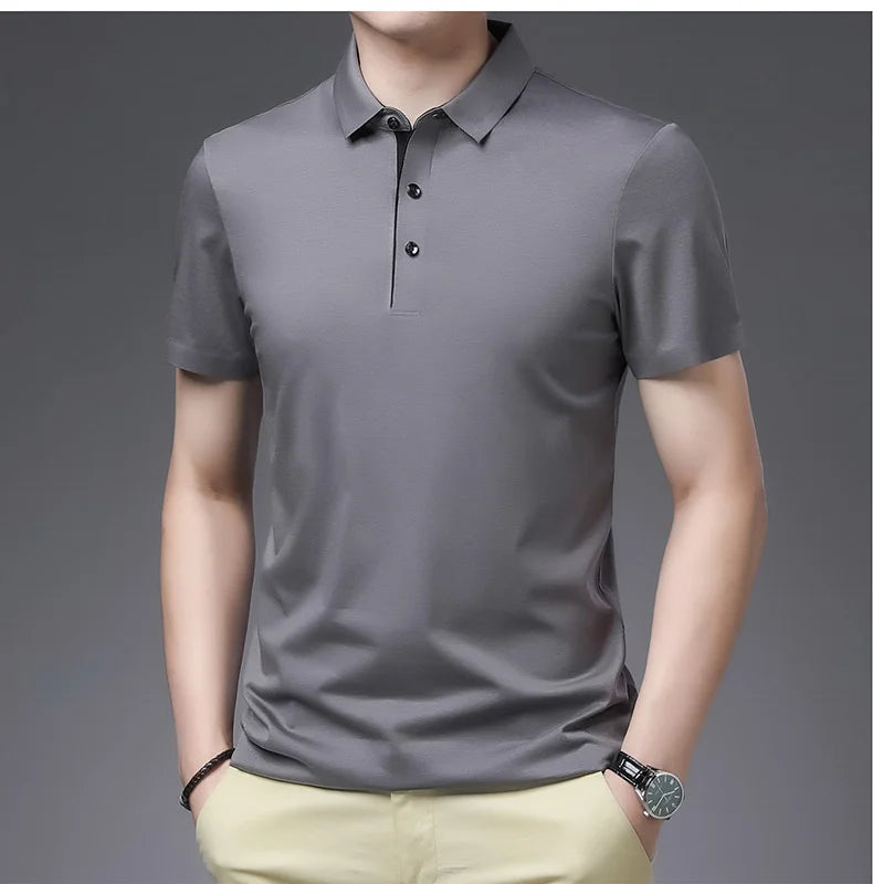 Bamboo Fiber Viscose And Cotton Blend Polo Shirt Men Short Sleeve Collar New Seamless T-shirt Summer Thin Lightweight Poloshirt