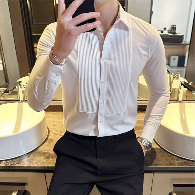 Groom Wedding Party Dress Shirt Men's Fashion Pleated Design Slim Fit Shirt Men Formal Long Sleeved Social Business Tailcoat