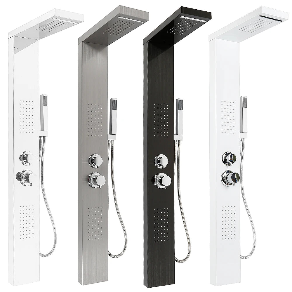 4 in 1 shower panel, shower system complete set rain shower, waterfall, massage side jets, wide hand shower, 1-button switch
