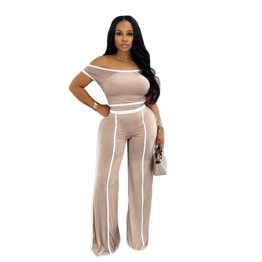 Casual Women's Solid Color Set with Diagonal Shoulders and Wide Legs, Two Piece Set, Summer 2025