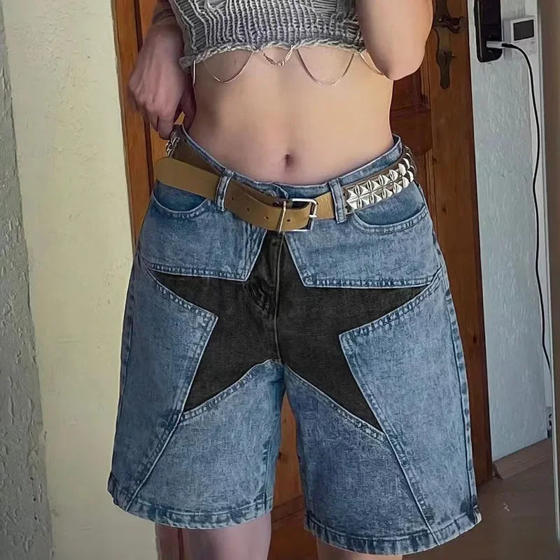 Women's Denim Pant Street Trend Loose Collision Colour Pentagram Appliqué Denim Middle Trousers High Waisted Jeans Pants