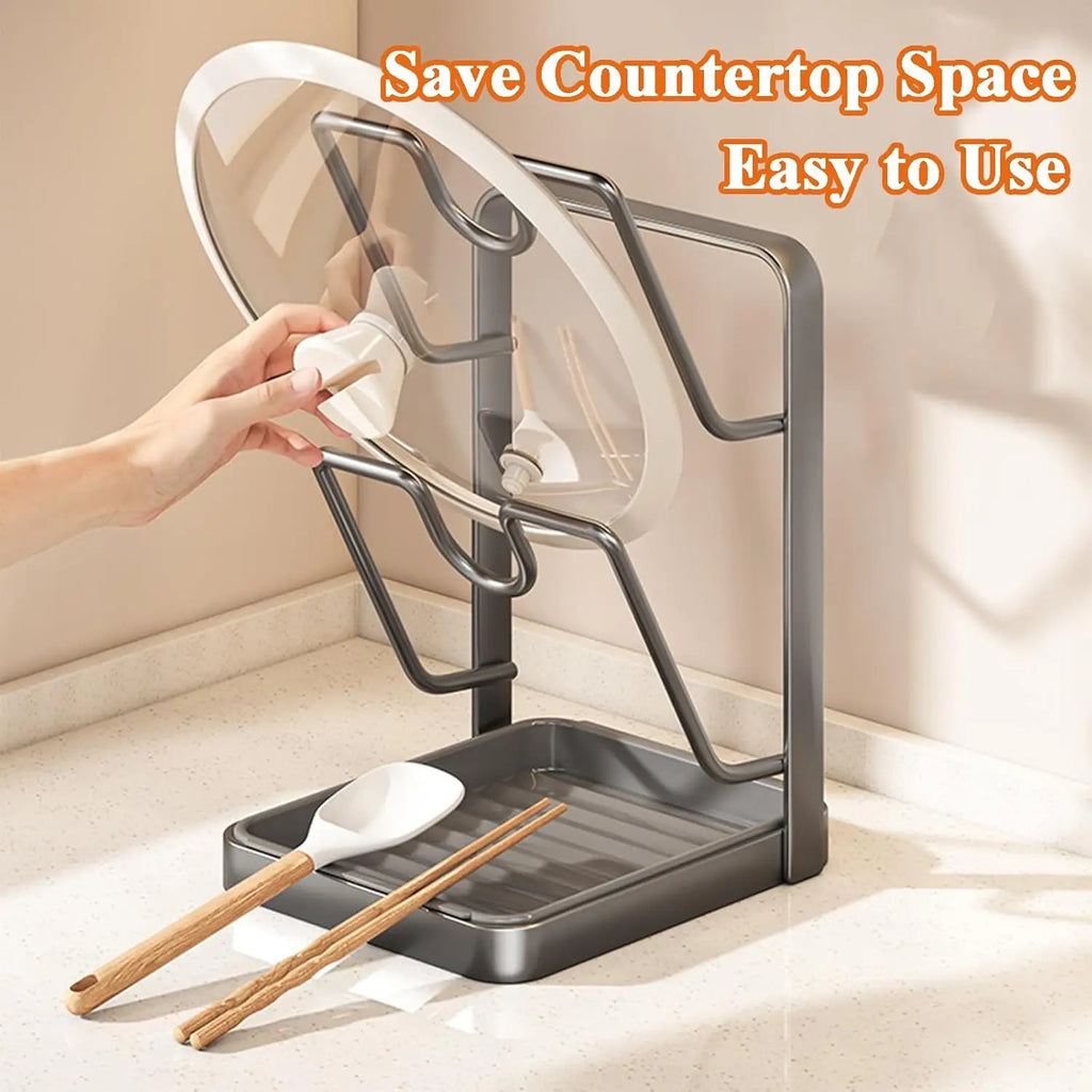 Kitchen Pot Lid Storage Rack, Pot Lid Holder While Cooking & Spoon Rest, Multifunctional Pot Lid Organizer with Removable Drip