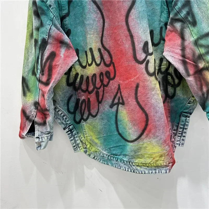 Hand-painted Graffiti Letter Print Denim Coat Zipper Decoration Women Loose Casual Lapel Long Sleeve Irregular Hem Jeans Jacket