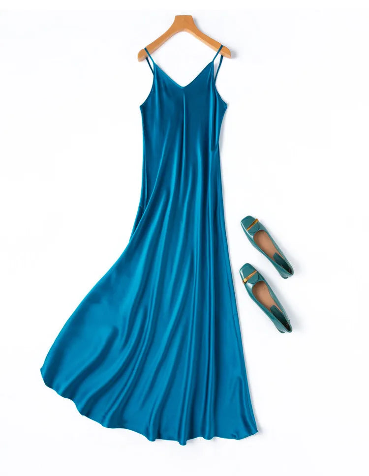 Tcyeek Woman Long Dress, 100%Real Silk, V Neck, Solid Spaghetti Strap Dresses, 2025 Elegant Chic Clothes