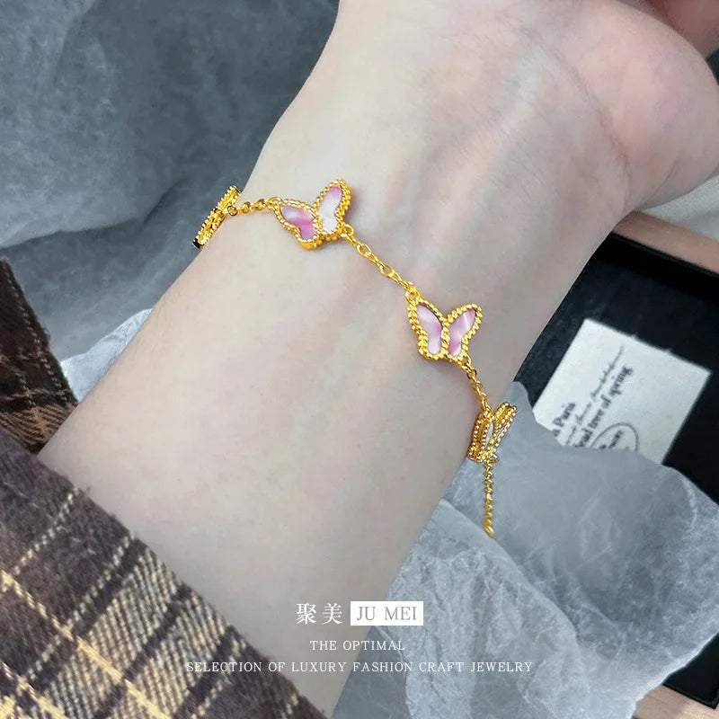Light luxury high-end five butterfly bracelets 9999 24K real gold versatile ins style mother-shell pink women's bracelets