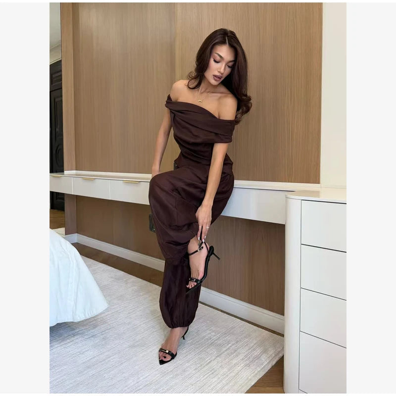 Solid One Shoulder Top Lantern Pants Set Women Chic Cotton Linen T-shirt Wide-leg Pants Suit Elegant Lady Summer Daily Outfits