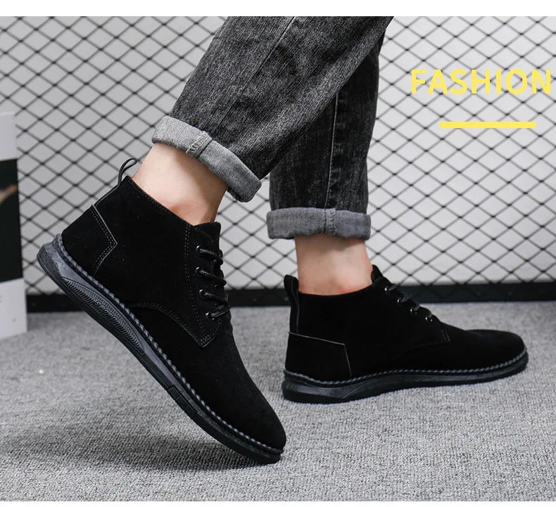 High Top Casual Grey Suede Shoes Men's Lace Up Black Flat Bottom Short Boots Men's Chelsea Boots High-quality Brand Denim Boots