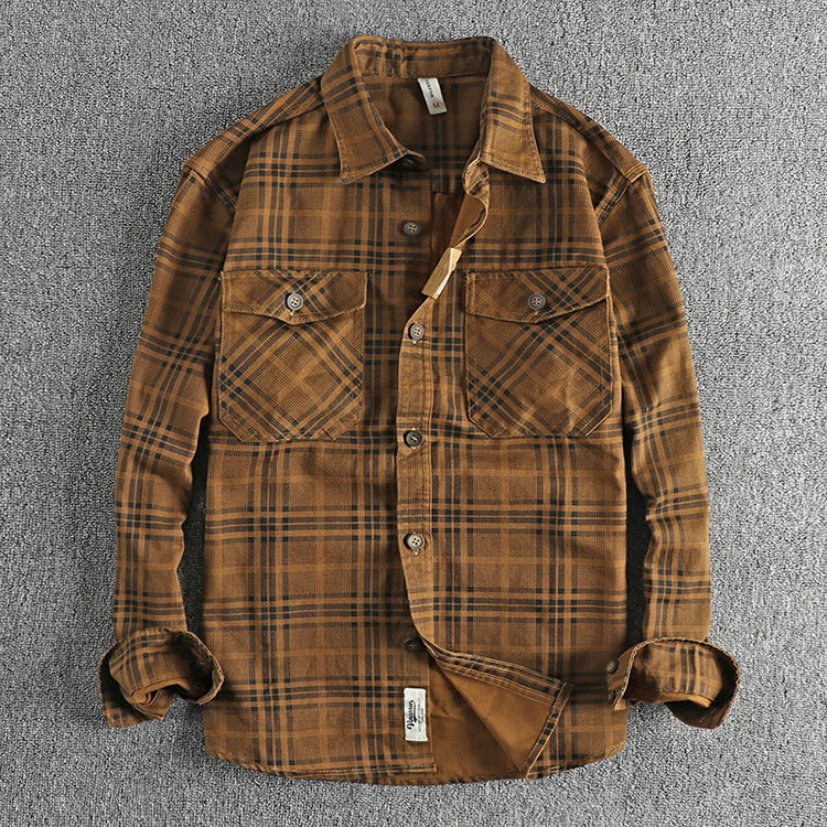 Trendy men's new fashion versatile plaid long sleeve shirt casual cotton washed thin coat