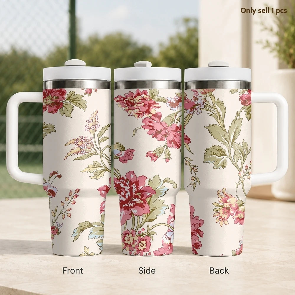 Floral Seamless Patterns Vacuum Flasks 40oz Stainless Steel Insulated Tumbler With Handle & Straw Leakproof Travel Mug