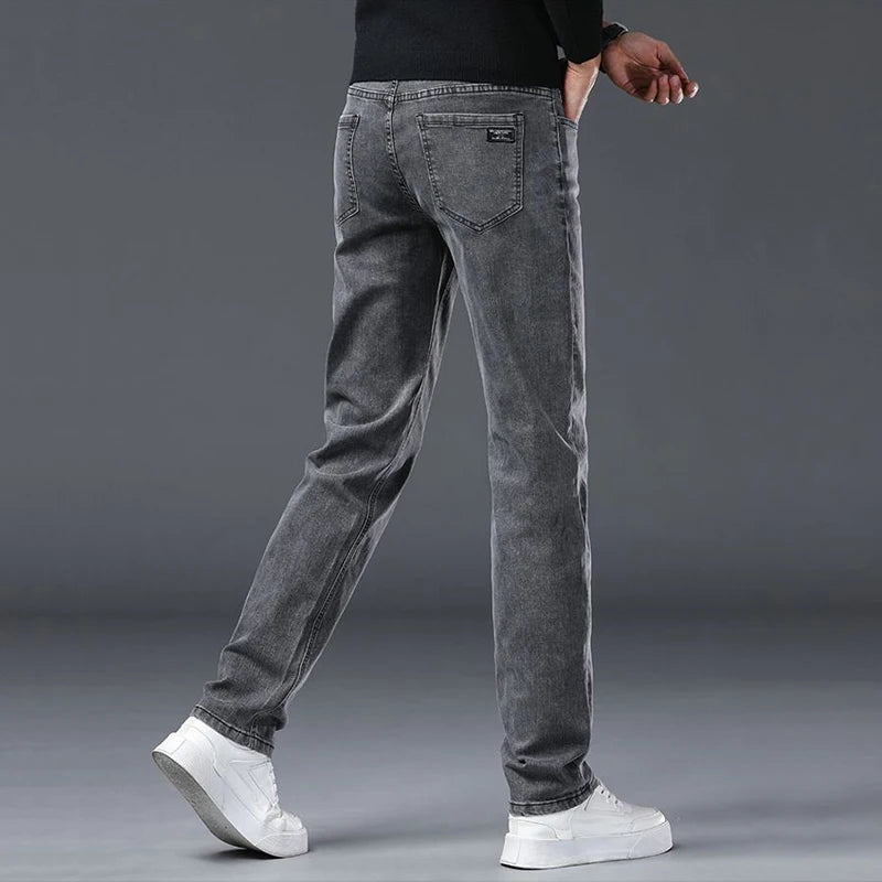 Men's Slim Jeans Korean Fashion Elastic Straight Casual Denim Pants Comfortable Work Male Spring Autumn Trousers Black Gray