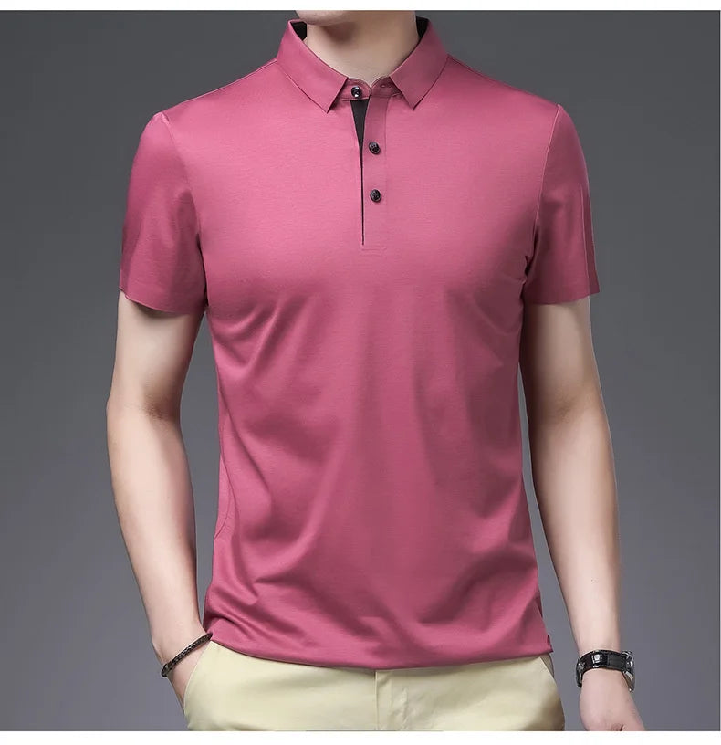 Bamboo Fiber Viscose And Cotton Blend Polo Shirt Men Short Sleeve Collar New Seamless T-shirt Summer Thin Lightweight Poloshirt