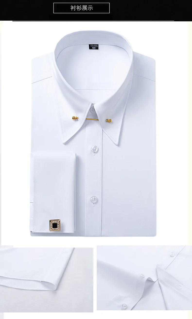 Embroidered French Cufflinks Men's Long-Sleeve Shirt with Collar Pins No tie Big Collar Dress Shirt for Business Formal Gentlema