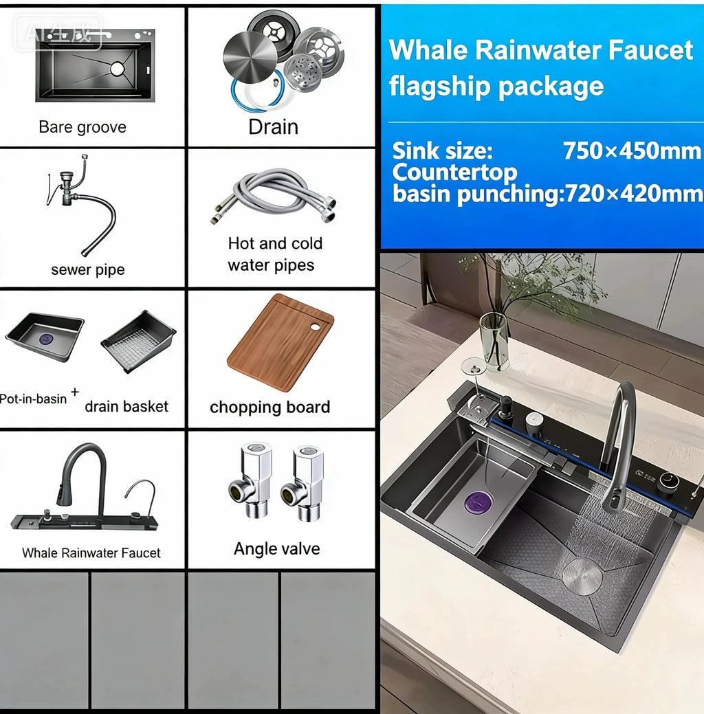 Hot Selling Stainless Steel Waterfall Kitchen Sink With Knife Holder Digital Display Faucet Set Embossed Extra Large Single Slot