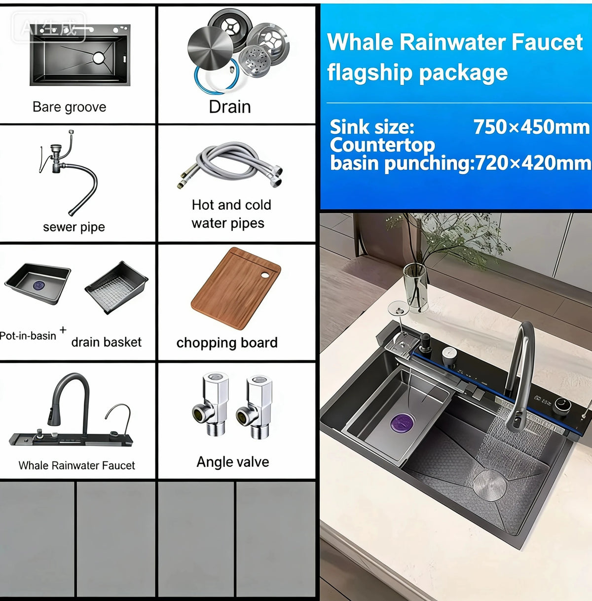 Hot Selling Stainless Steel Waterfall Kitchen Sink With Knife Holder Digital Display Faucet Set Embossed Extra Large Single Slot
