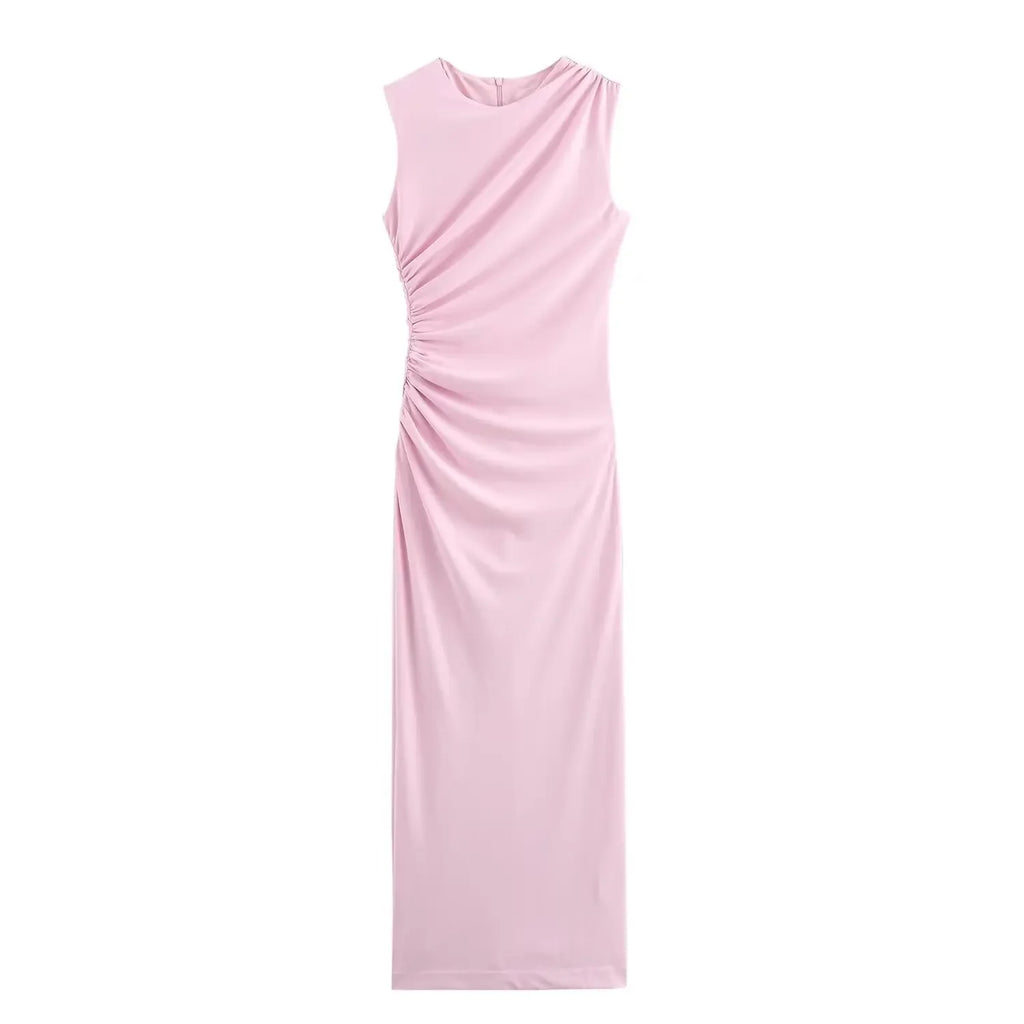 BSAY Women Fashion Summer New White Pleated Back Zip Sleeveless Crewneck Vest Long Dress Chic Female Elegant Evening