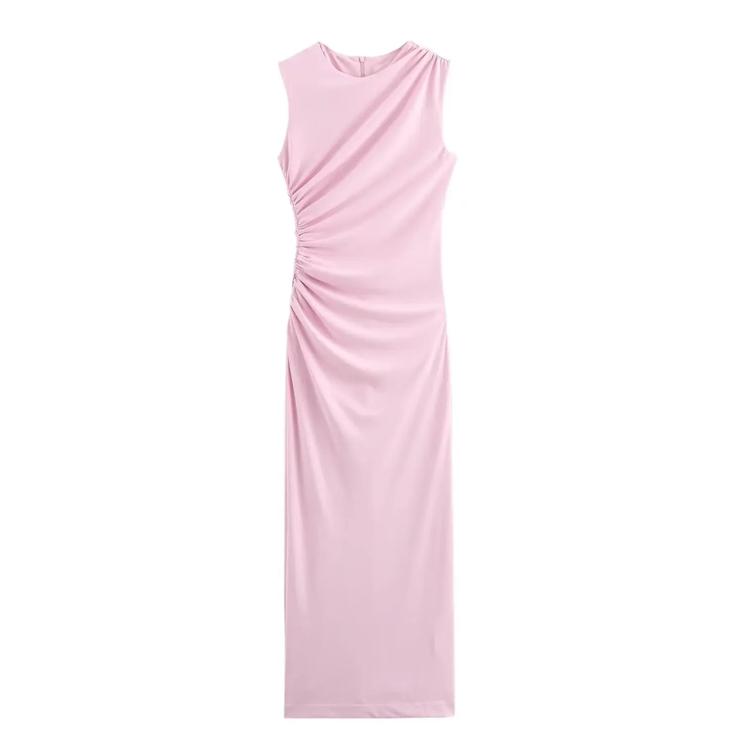 BSAY Women Fashion Summer New White Pleated Back Zip Sleeveless Crewneck Vest Long Dress Chic Female Elegant Evening