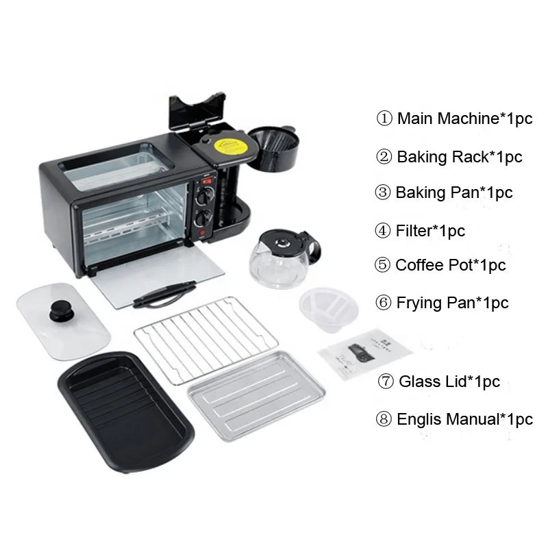 Home Use 3 In 1 Breakfast Makers Multi Function Breakfast Machine with Electric Heater 9L Toaster Oven Coffee Maker Frying Pan
