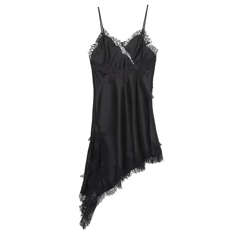 Zevity 2025 Women Sexy Hollow Out Lace Stitching Hem Irregular Mini Dress Female Chic Spaghetti Strap Soft Party Vestidos DS9446