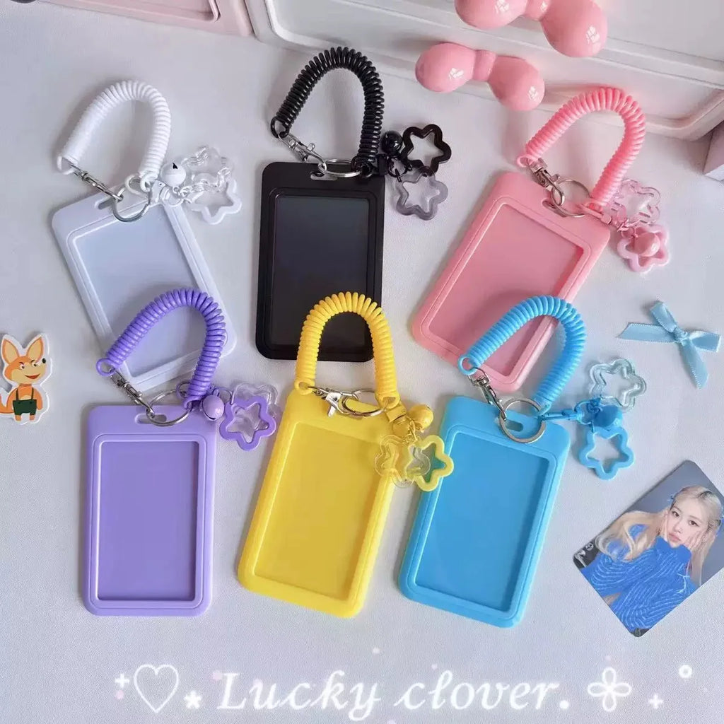 Cute Simple Protective Card Holder with Keychain Colorful Star Retractable Spring Lanyard ID Card Photo Postcard Holder Charms