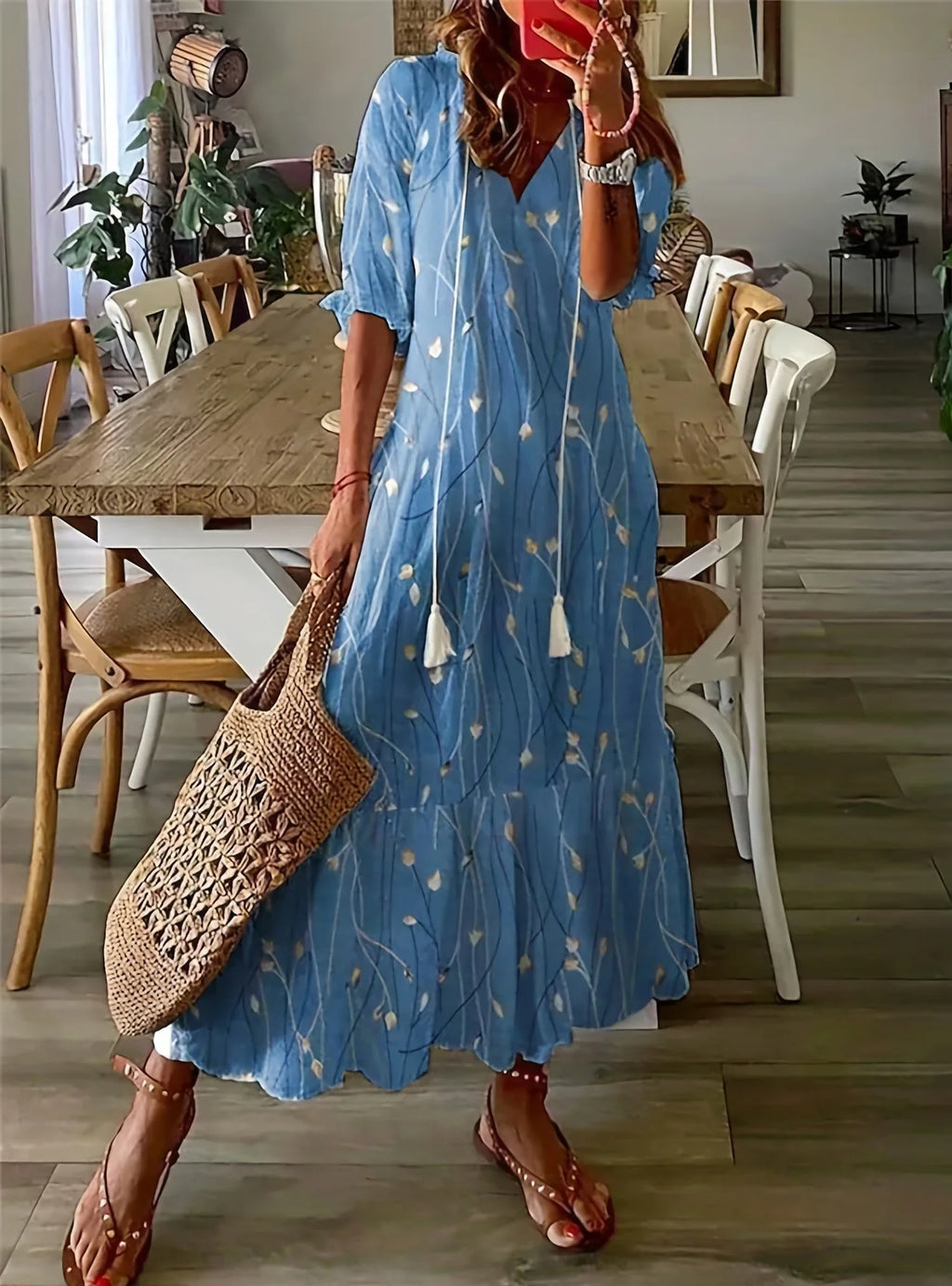 FALL Summer New 2026 Women's Casual Sweet Loose Sexy V-neck Drawstring Fashionable Printed Long Sleeved Boho Bohemian Dresses