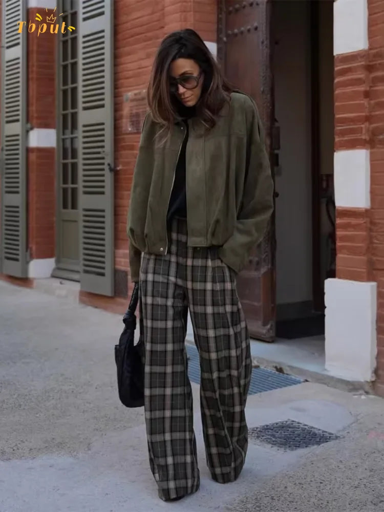 Chic Green Plaid Print Loose Pants Women Casual High Waist Straight Wide Leg Trousers Party Daily Classic Attire 2026 Spring