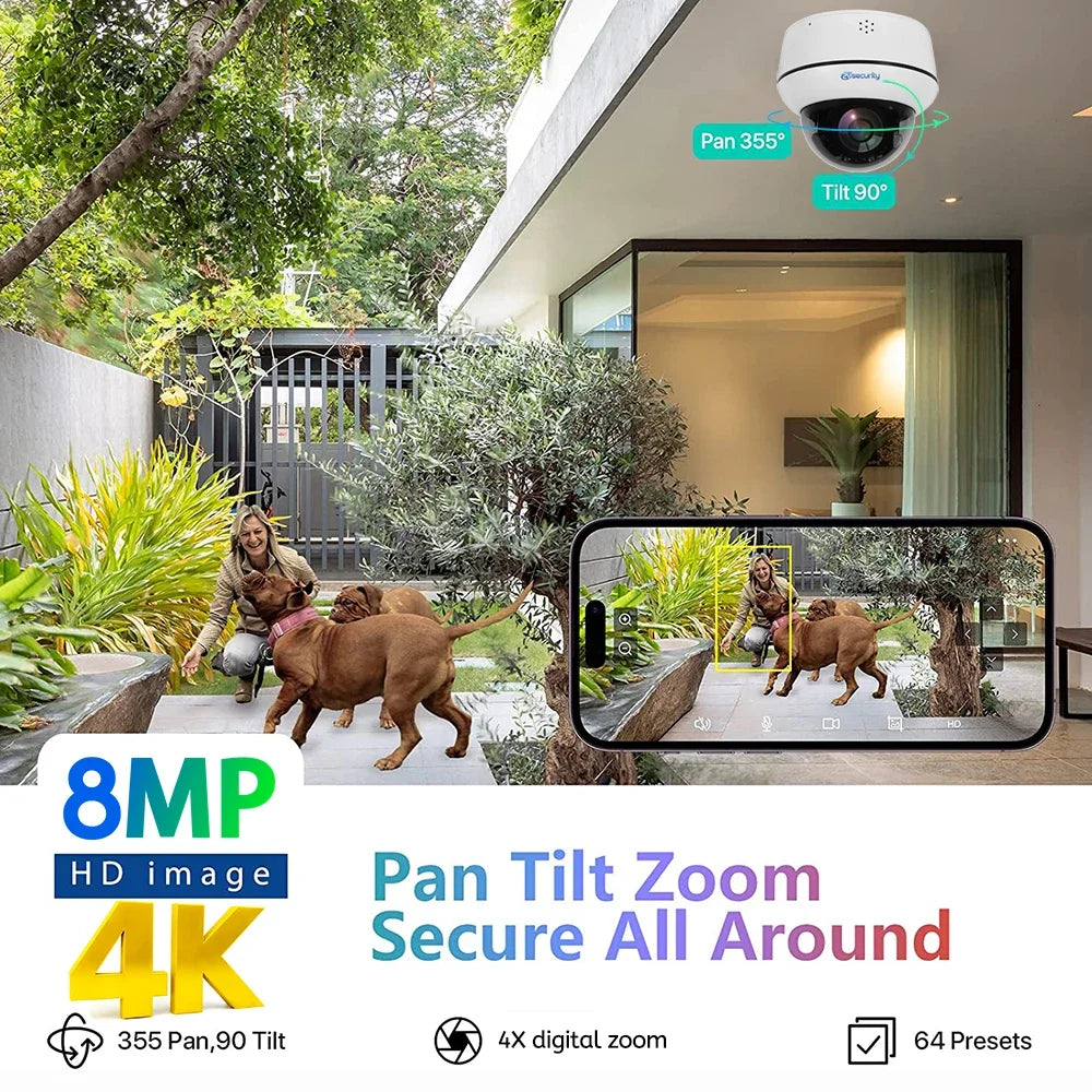 4K 8MP PoE Dome Security Camera Outdoor Human/Vehicle Detect Auto Tracking PTZ Indoor 2-way Audio Wireless IP Cameras Camhipro